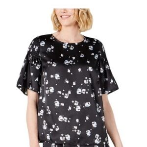 ALFANI Floral-print Satin Smocked-trim Blouse Shirt Top Women Size Large